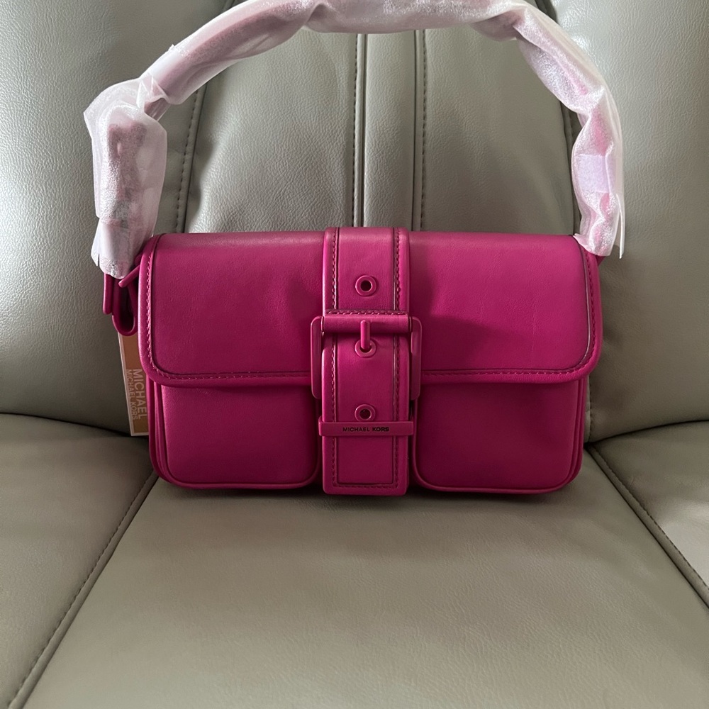 Michael Kors Fuchsia Leather Belt-Front Shoulder Bag